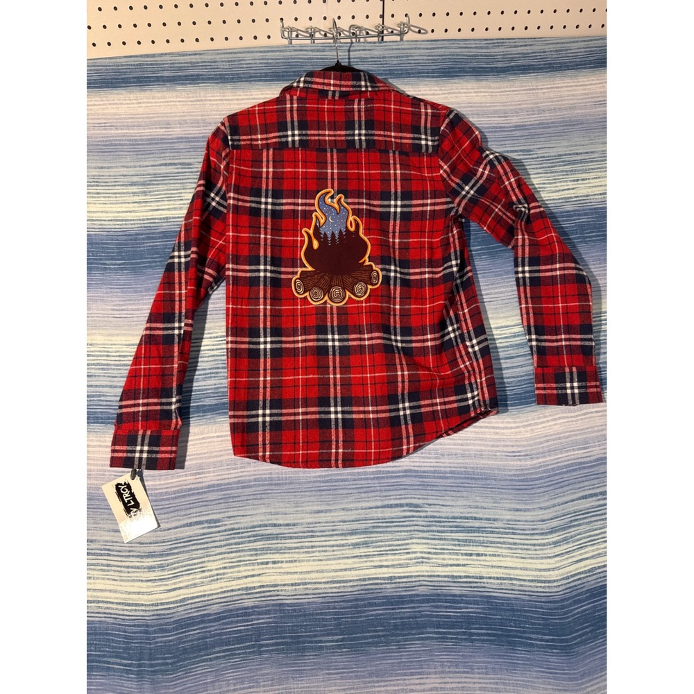 Upcycled Red Plaid Flannel Shirt Campfire Applique Patch Womens XS S One of One